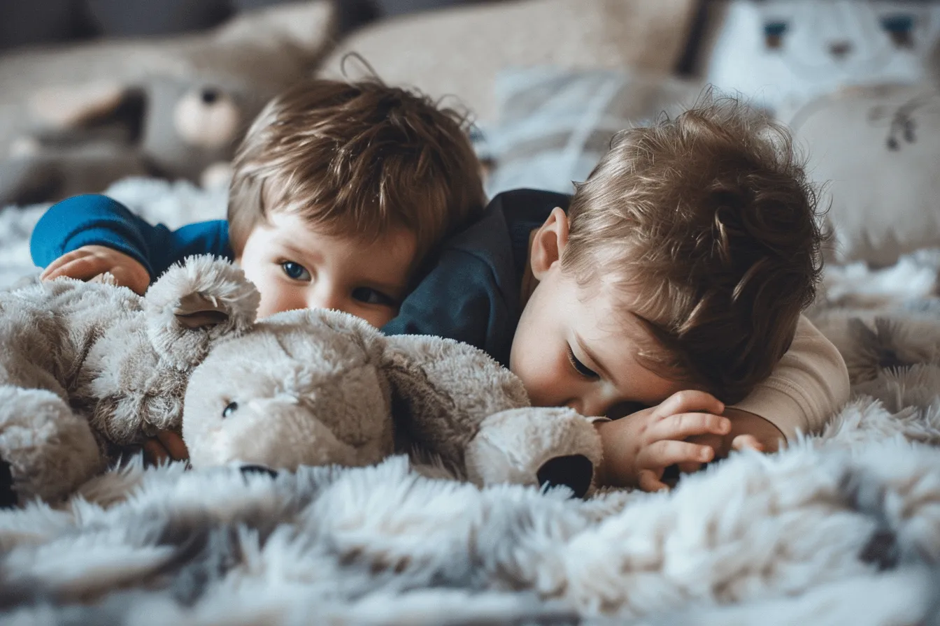 Two young children laying on a bed, holding a stuffed bear.