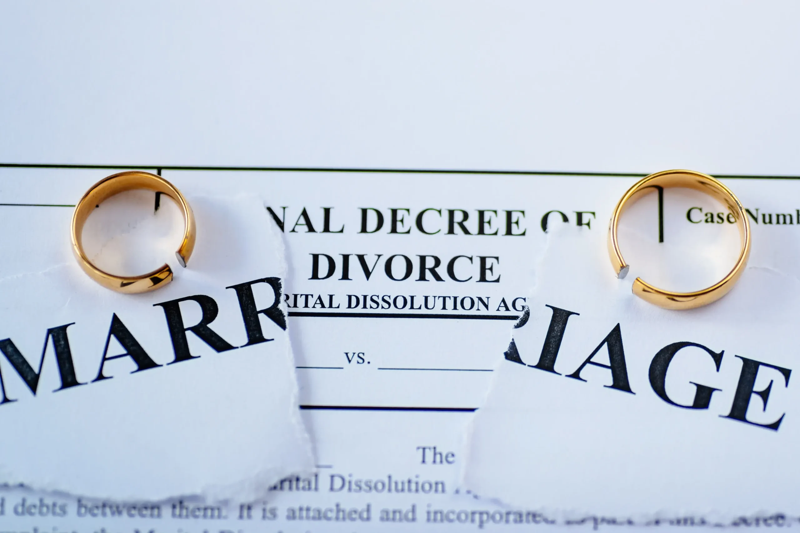 Two wedding rings sitting on top of a ripped marriage contract with a decree of divorce beneath it.