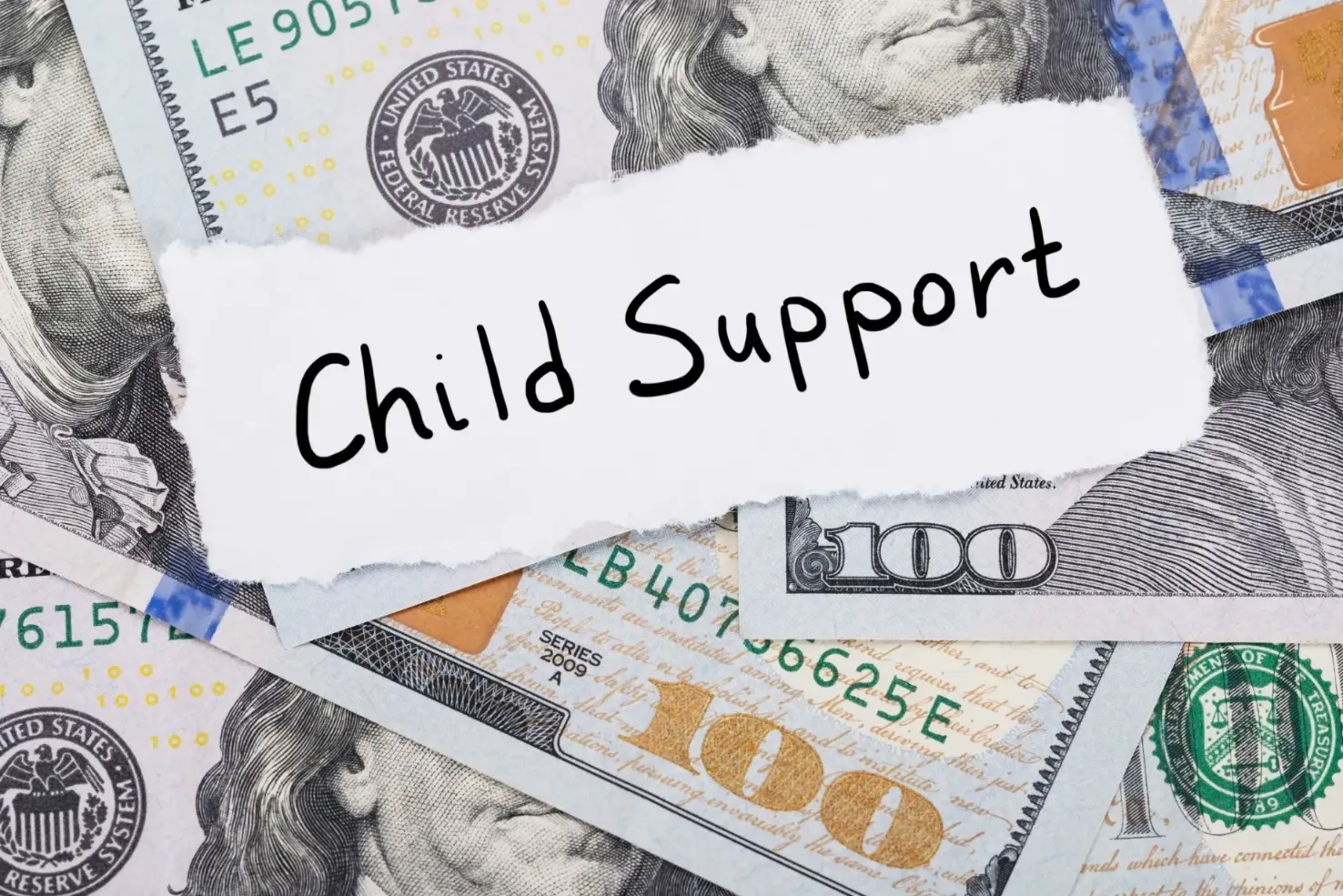 Money with a sign that says child support.